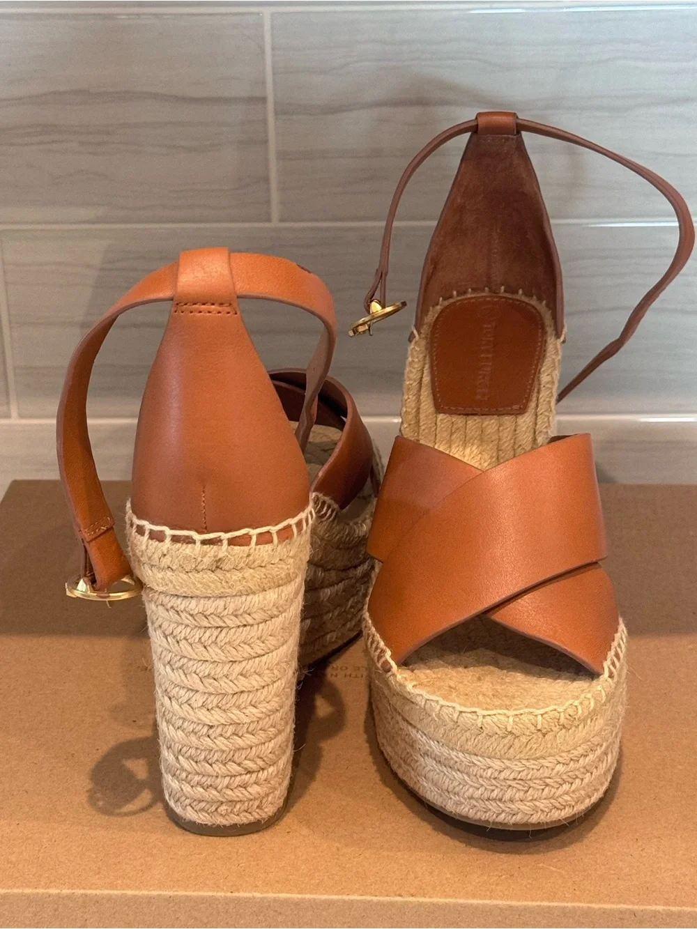 Tory Burch Tan Leather Espadrille Wedge Sandals